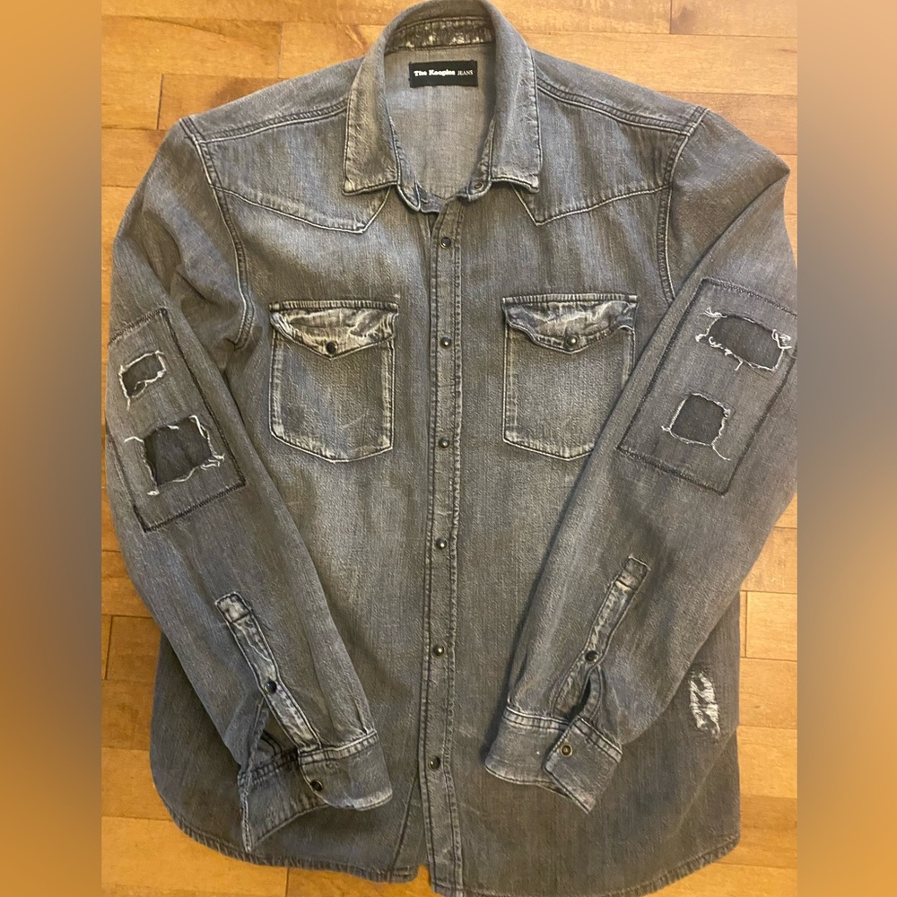 The Kooples Men's Distressed Gray Denim shirt. Large